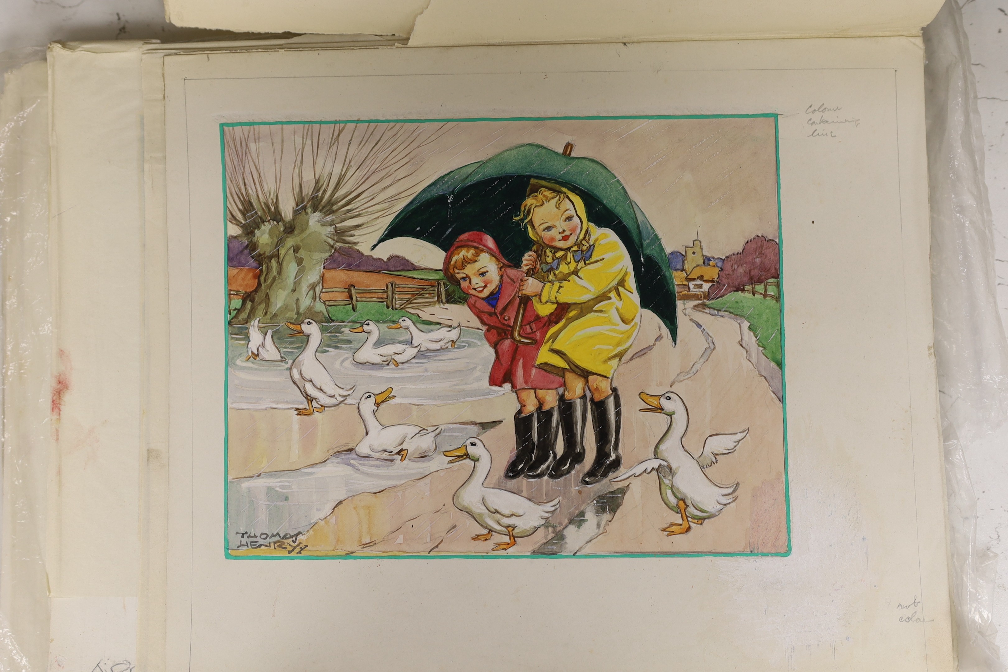 Thomas Henry (Just William illustrator) an interesting collection of numerous gouaches to include grouped illustrations for a ' Children's Country Calendar', alongside various scripted panels, other illustrations etc